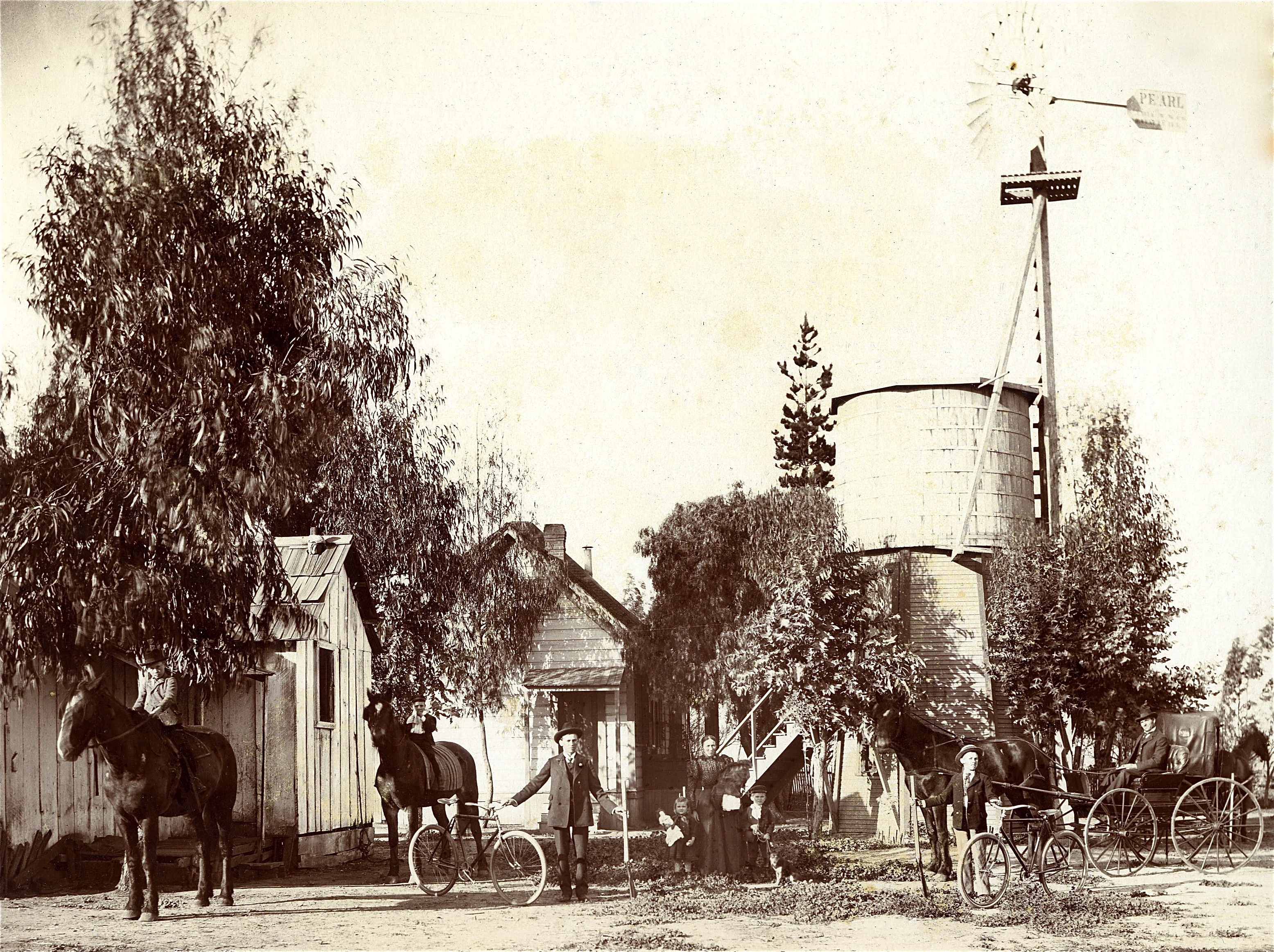 1896- Ranch at Manchester and Western. L-R, John, George, Michael, Mary, Mary Wagner holding Henry, Ed, Jacob, and Michael Mertens in buggy.